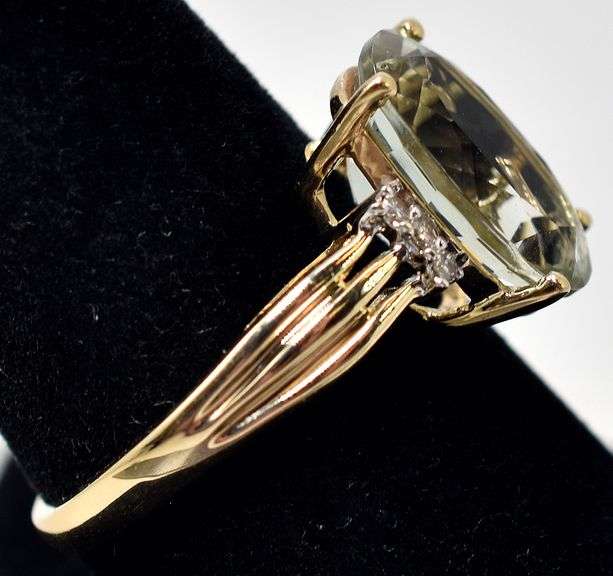 Eye-Catching 14K Yellow Gold Green Amethyst Gemstone and Diamond Ring