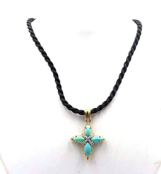 925 Sterling silver turquoise cross pendant on black cord necklace