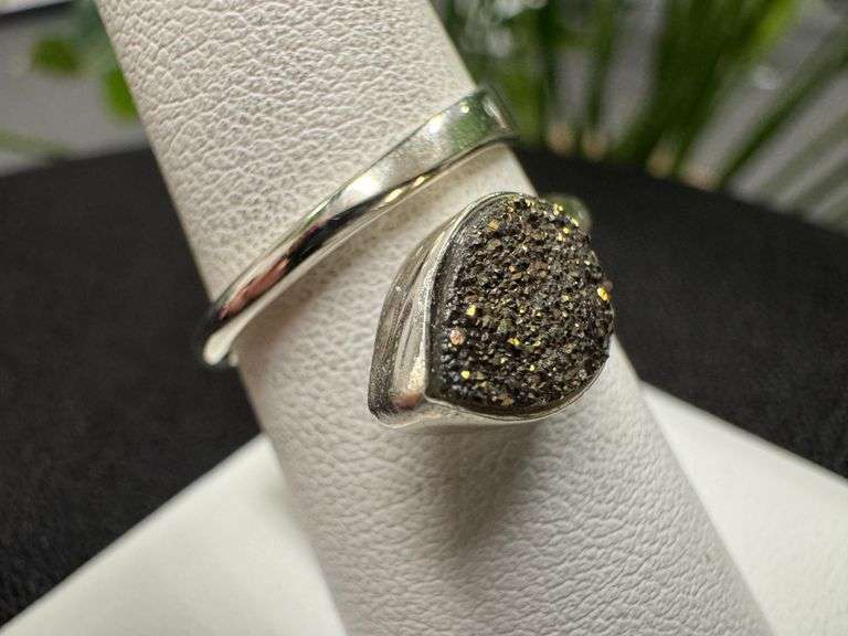 Sterling Silver 925 Titanium Coated Druzy Agate Crystal Stone Ring Adjustable Spoon Band