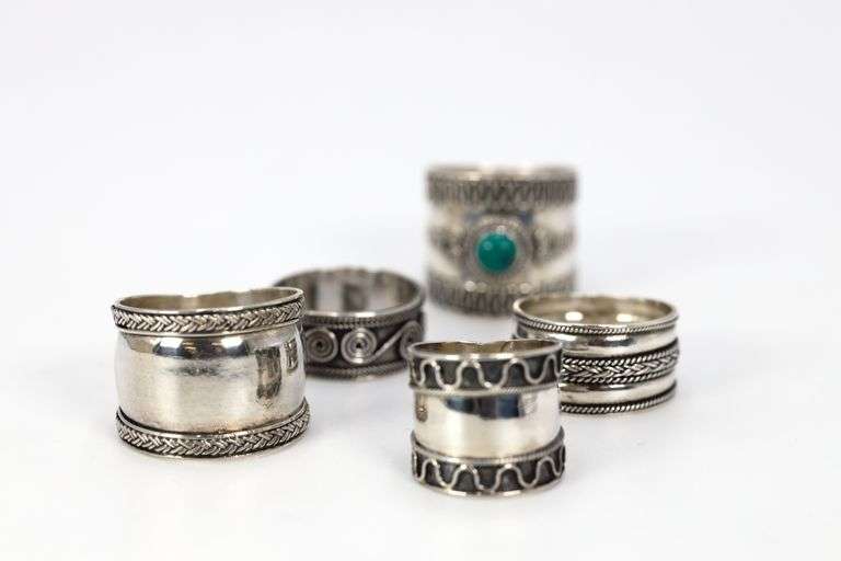 .925 Sterling Silver Handmade Bali Rings Lot of 5 Various Sizes & Styles