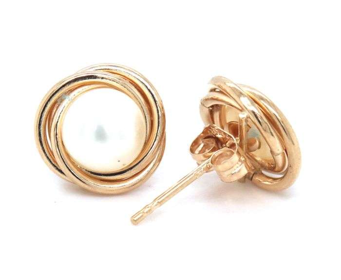 14kt Yellow gold 6mm fresh water pearl love knot earrings