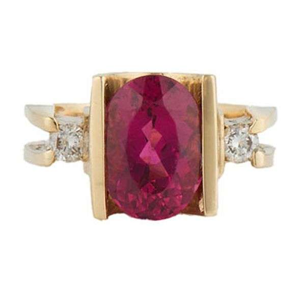 3.65ct Oval Pink Tourmaline and 0.18ctw Diamond Three Stone Ring in 14K