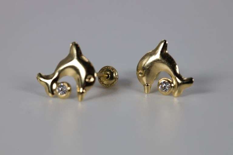10k Yellow Gold Dolphin Stud Earrings w/ Clear CZ