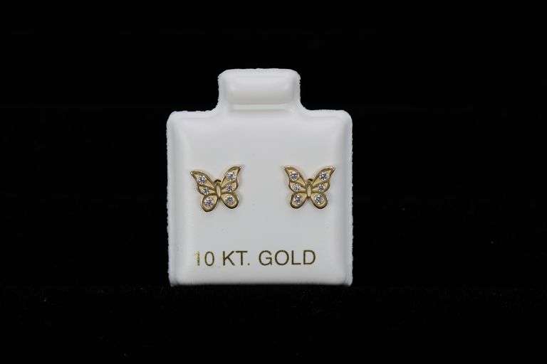 10k Yellow Gold White CZ Butterfly Cute Stud Earrings