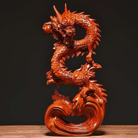 Red Wood Carving Feng Shui Dragon Statue