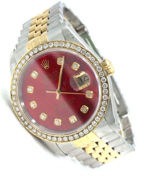 Rolex date just 36mm 2-tone aftermarket red dial and diamond bezel in Jubilee bracelet watch