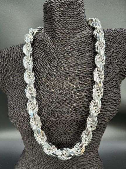 Rhodium Plated Sterling Silver Heavy Diamond-Cut Rope Chain 18mm Solid 925 Italy Necklace 26"