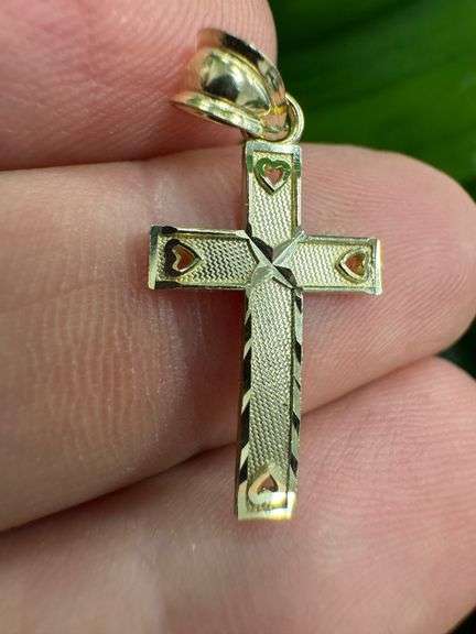 10k Yellow Gold Cross with Hearts Pendant Classic Love Christian Charm