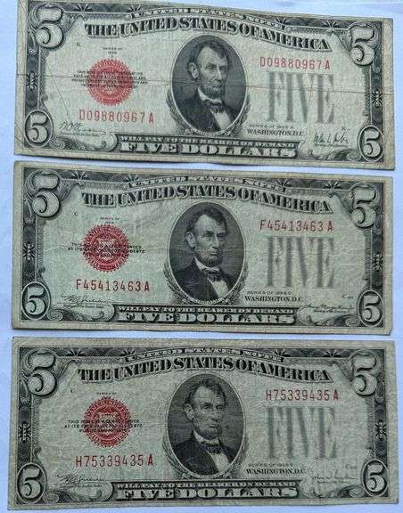 1928 A 1928 C 1928 F $5 US Notes.