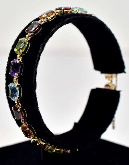 Colorful 14K Yellow Gold Red Garnet, Blue Topaz, Amethyst, Peridot, and Citrine Gemstone Bracelet