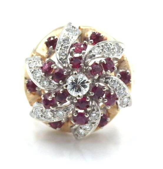 14kt Yellow gold 0.65ctw diamond and 0.55ctw ruby open art flower cluster ring