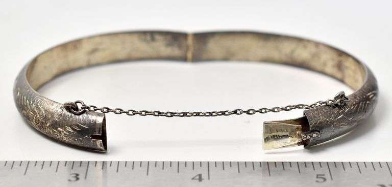 Clasp Bangle Bracelet with Engraved Design in Sterling Silver