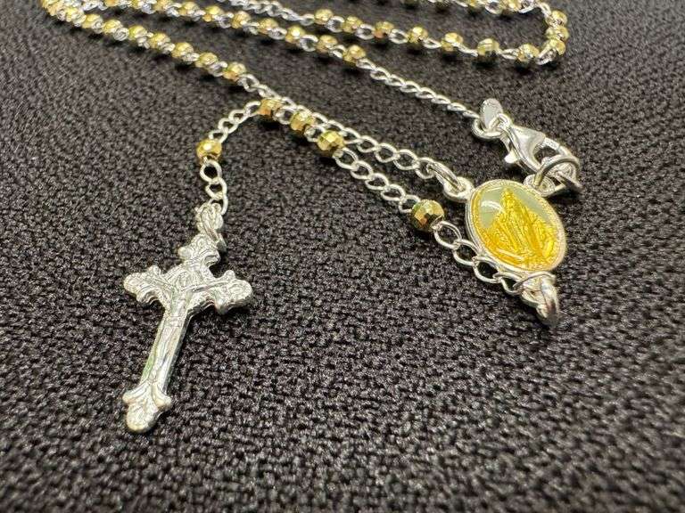 925 Sterling Silver Rosary Bead Chain Gold-Tone Necklace Catholic Jewelry