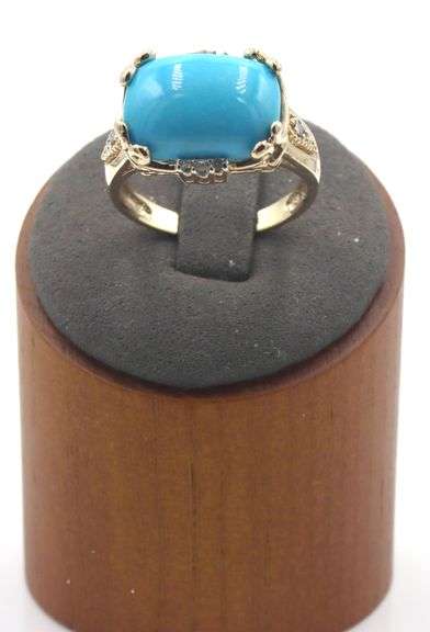 14kt Yellow gold East West oval turquoise and diamond accent cocktail ring