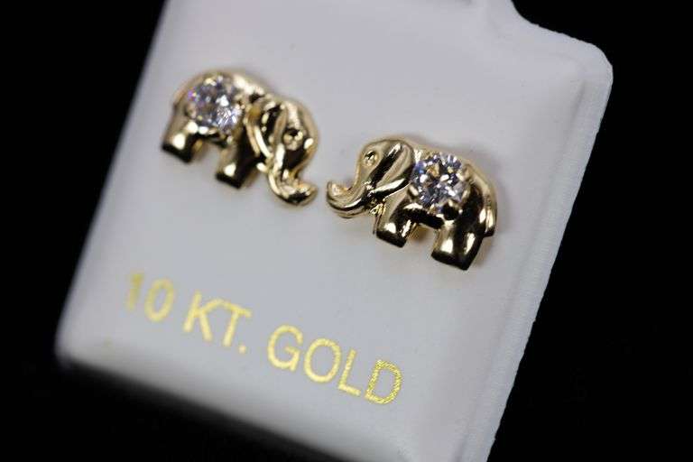 10k Yellow Gold Round White CZ Elephant Stud Earrings