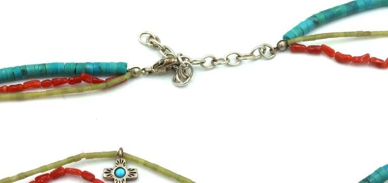 American Indian Navajo 3 strand turquoise and coral necklace with charms