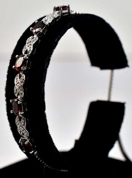 Red Garnet and Diamond Bracelet in Sterling Silver