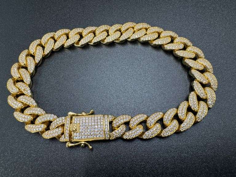 Gold Plated 925 Sterling Silver 9.5mm Miami Curb CZ Encrusted Chain New 9"