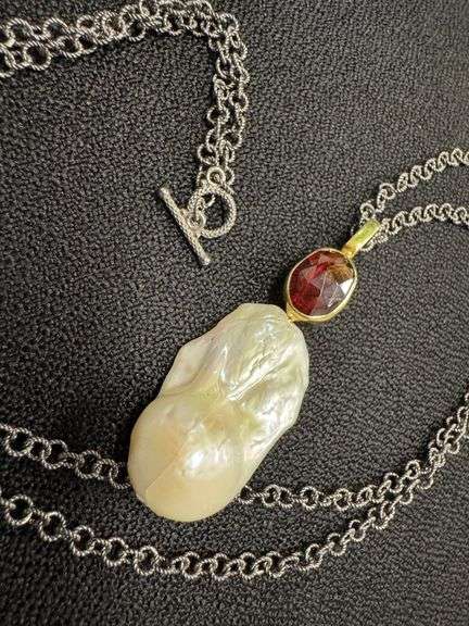 Oxidized Sterling Silver 925 Chain with Baroque Pearl & Garnet Stone 18k Gold Plating Custom Piece
