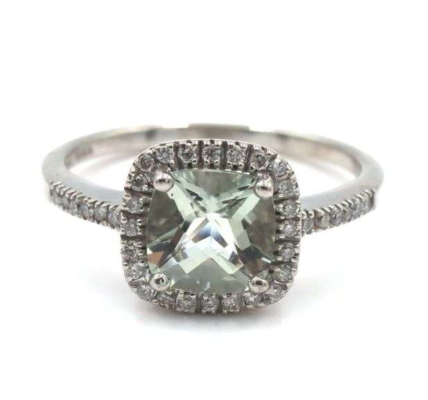 14kt White gold cushion Prasiolite diamond halo cocktail ring
