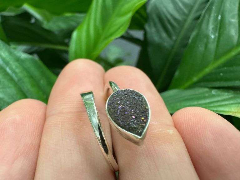 Sterling Silver 925 Titanium Coated Druzy Agate Crystal Stone Ring Adjustable Spoon Band