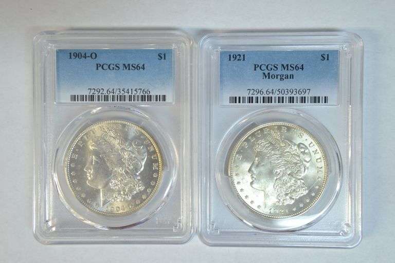 Bright-white near Gem BU 1904-O & 1921 Morgan Dollars. PCGS MS64