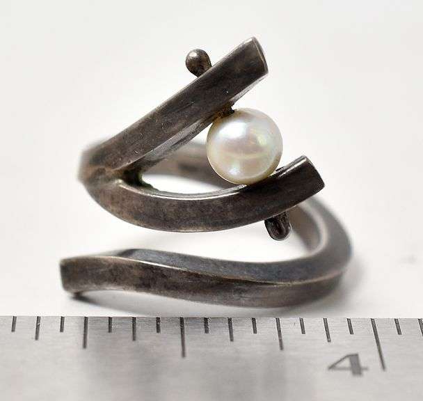 Simplified Tree Branch and Pearl Ring in Sterling Silver