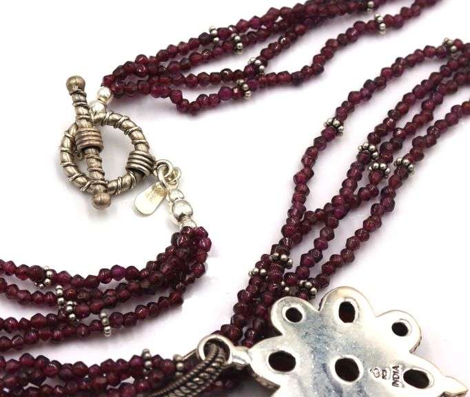 925 Sterling silver signed garnet pendant on multi strand garnet beaded necklace