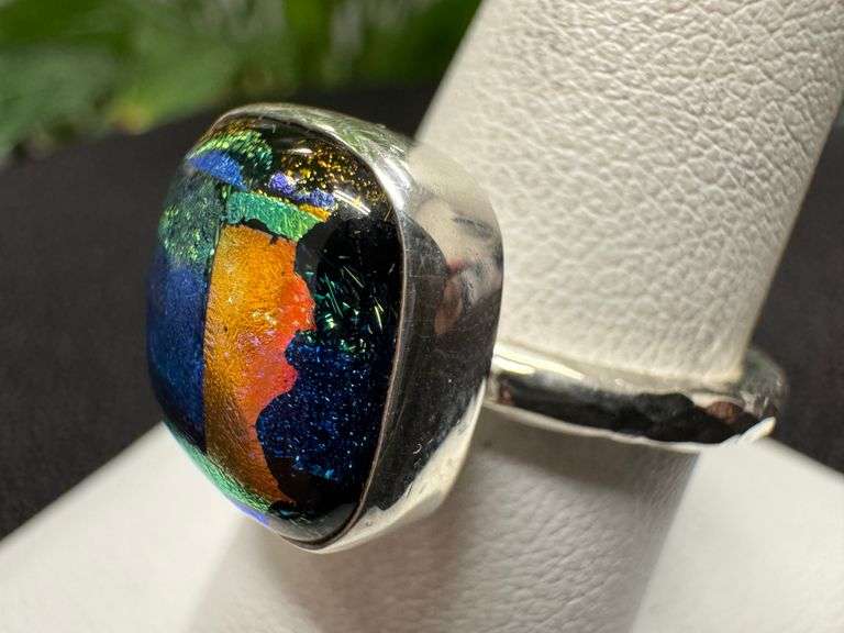 Sterling Silver 925 One of a Kind Dichroic Glass Ring Size 9