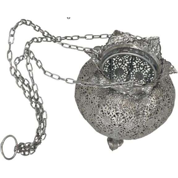 Oriental Metal Hanging Lantern with Antique Silver Finish