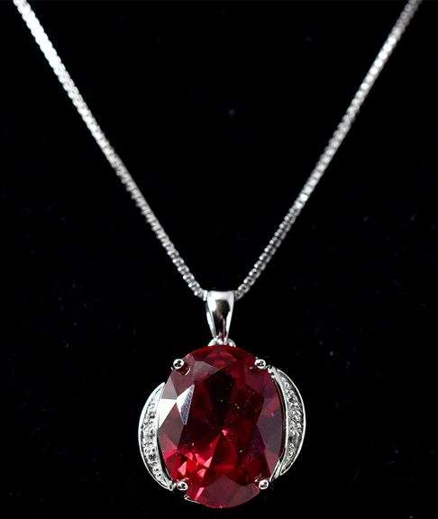 Red Garnet and CZ Gemstone Pendant Necklace in Sterling Silver