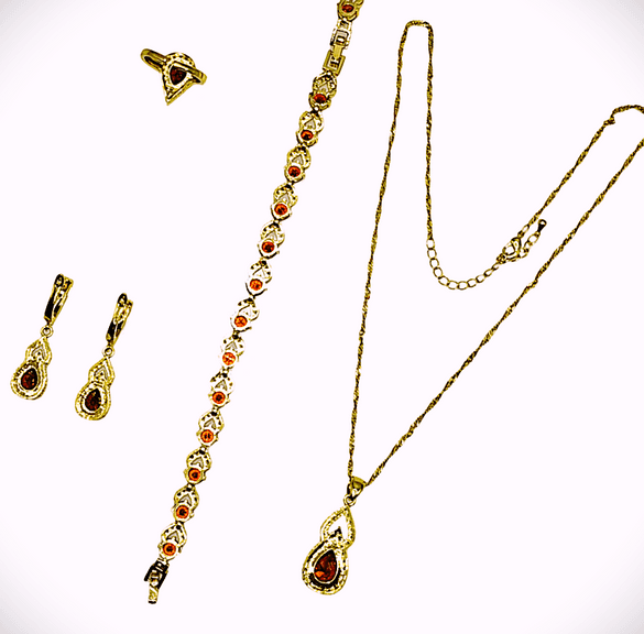 18 Kt Yellow Gold Plate Simulated Padpaparacha Sapphire Bracelet and More4 Piece Jewelry Set
