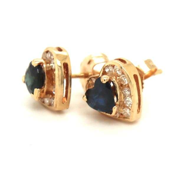 14kt Yellow gold 1ctw sapphire heart and diamond earrings
