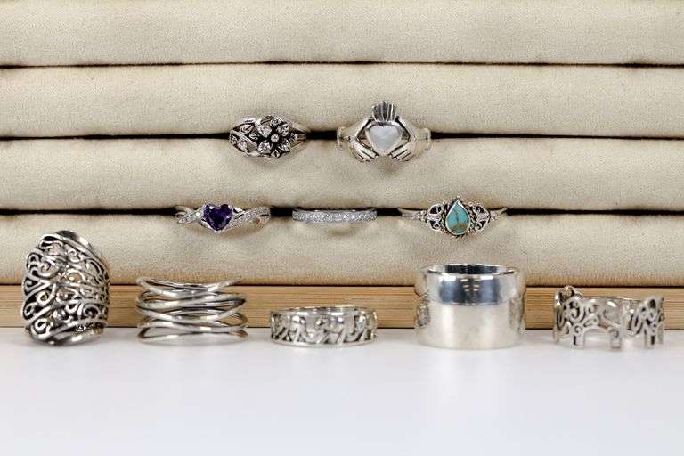 .925 Sterling Silver Curated Ring Lot of 10 Rings Various Sizes & Styles