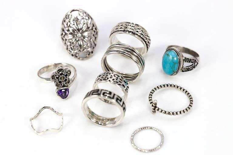 Sterling Silver Curated Ring Assortment Various Sizes & Styles (10 Ring Lot)