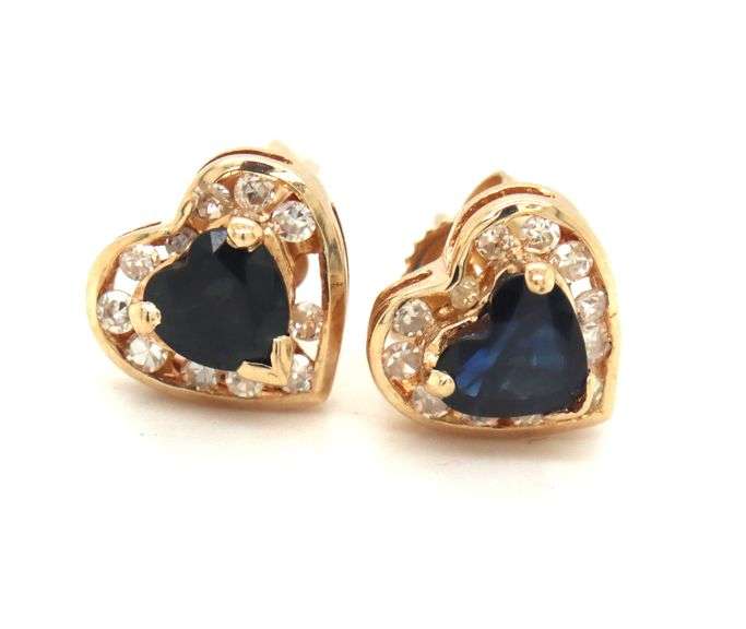 14kt Yellow gold 1ctw sapphire heart and diamond earrings