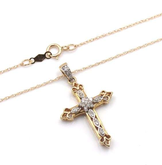 10kt Yellow gold diamond cross pendant on chain