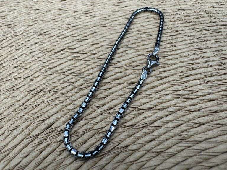Italian Sterling Silver 925 Fancy Diamond Cut Box Chain 7" Bracelet with Black Rhodium Finish