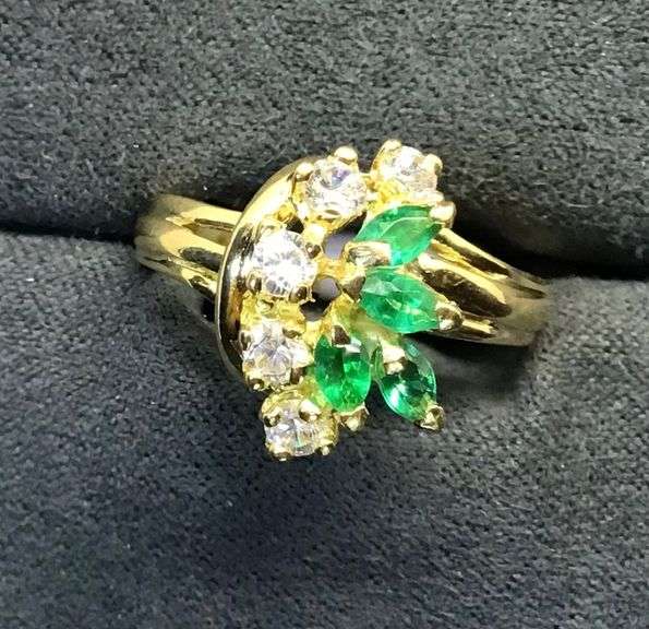 18K Yellow Gold Ladies Ring with Emeralds and CZs