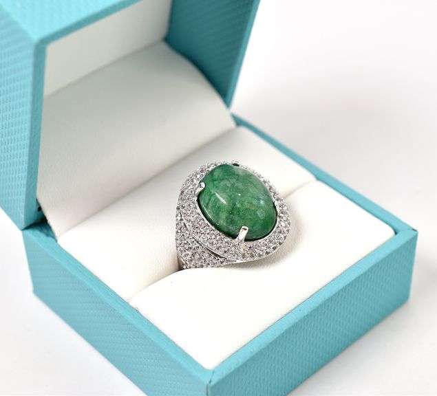 Stunning 10.00CTS Oval Cabochon-Cut Natural Emerald & Sapphire Gemstone Ring in Sterling Silver