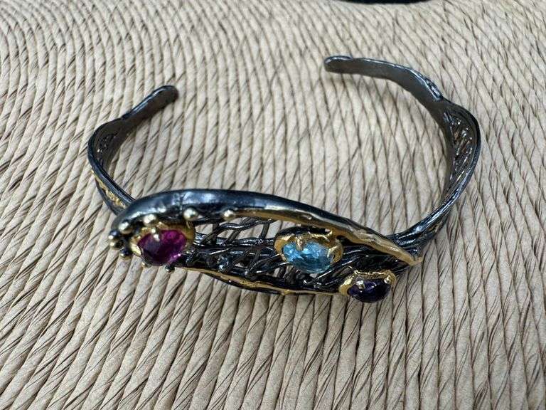 Oxidized & 18k Gold Plated Sterling Silver 925 Cuff Bracelet Adorned with Garnet, Amethyst & Aquamar