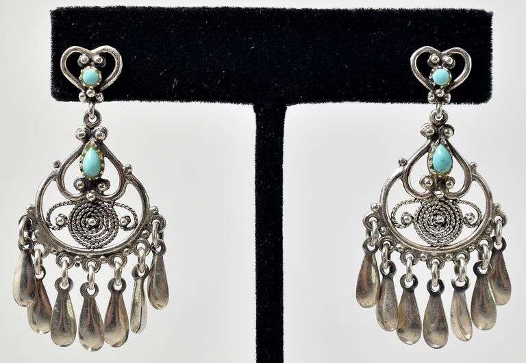 Native Styled Dangle Earrings with Turquoise in Sterling Silver