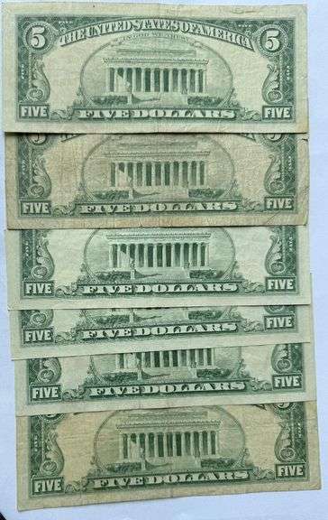 6 1963 $5 Red Seal US Notes.