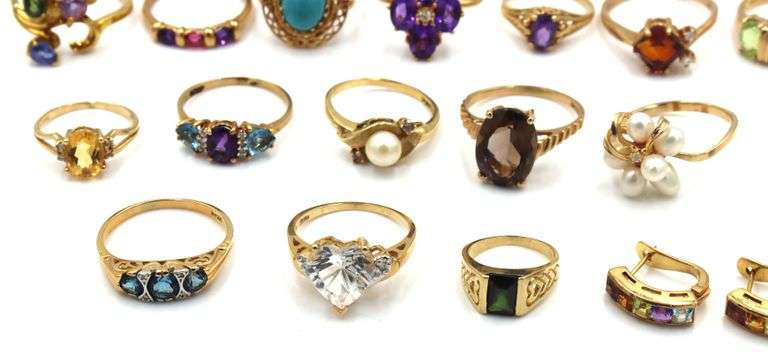 Group lot of 14kt Yellow gold gemstone rings and one pair of earrings