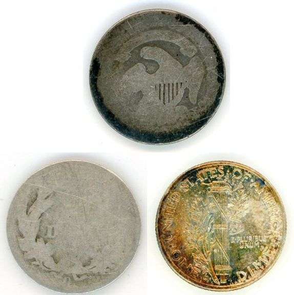 3 Different US Silver Dime Types: 1831, 1893-O, & 1943-D