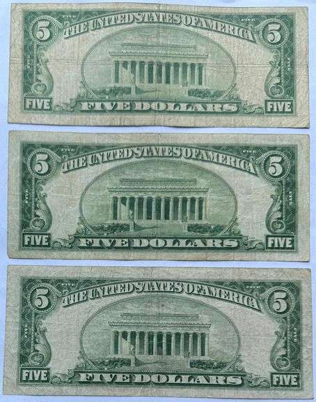 1928 A 1928 C 1928 F $5 US Notes.