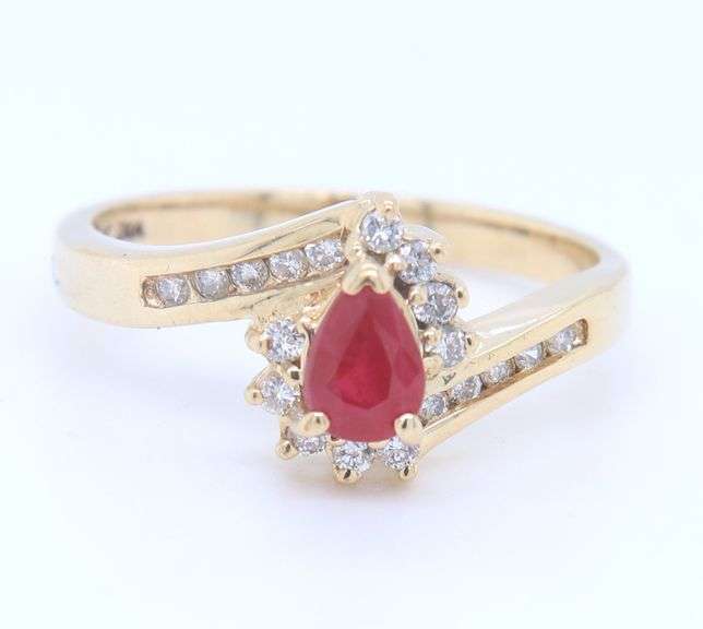 14kt Yellow Gold Pear Shaped Ruby and Diamond Bypass Ring