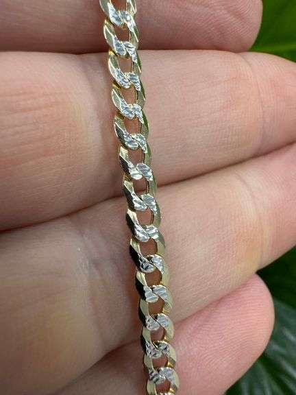 Gold Plated Sterling Silver Curb Pave Two Tone 925 Made in Italy Necklace 4.3mm Wide 24" Long