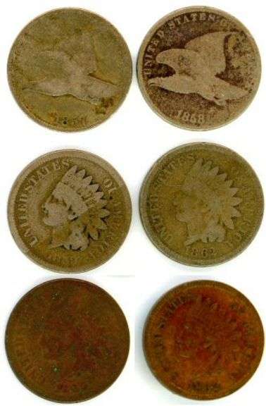 6 Different Early US Copper Small Cents: 1857-1882