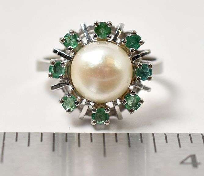 Fancy 14K White Gold Pearl and Emerald Ring